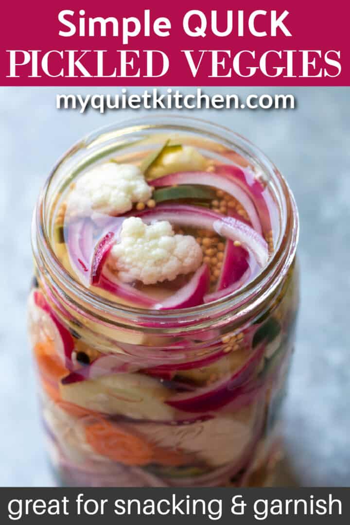 jar of quick pickles with text to save on Pinterest.